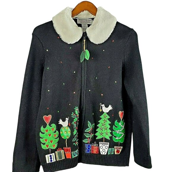 Heirloom Collectibles Christmas Collection Beaded Zip Sweater Sz M Detach Collar - Picture 1 of 9